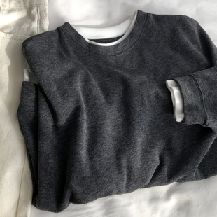 上衣 深灰假两件拼接圆领宽松卫衣女磨毛休闲百搭长袖 软糯糯 韩版