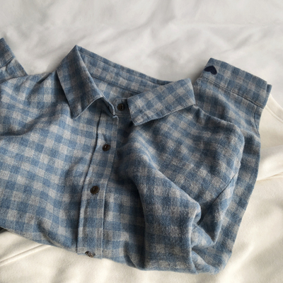 爱心刺绣 韩女显白雾蓝格纹复古磨毛衬衫女26新翻领长袖开衫衬衣