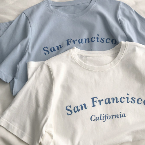 清新蓝色字母T恤夏季短袖女