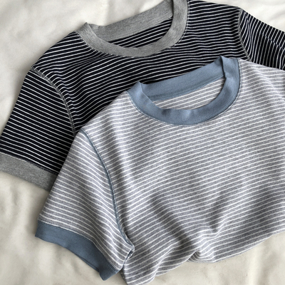 chic韩系撞色条纹女正肩短袖tee