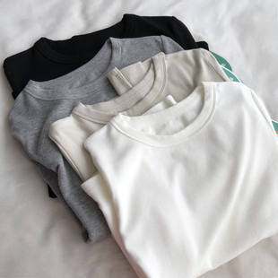 入秋慕斯极简纯色圆领长袖打底衫正肩显瘦百搭韩版T恤上衣