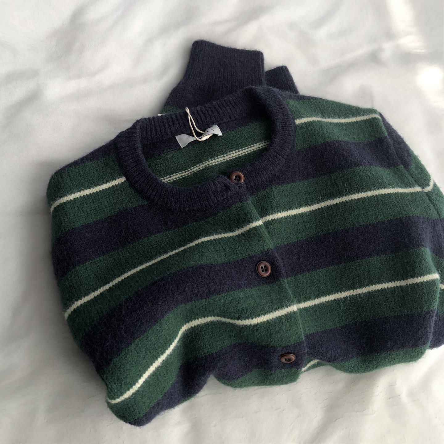 复古绿 miu系文艺撞色条纹圆领针织开衫秋冬百搭韩版毛衣外套女