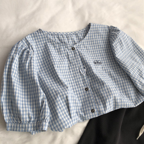 miu小蓝格纹韩系褶皱刺绣短袖衬衣女圆领百搭纽扣夏季新款衬衫