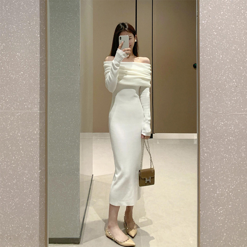 生日裙子高级感法式白色一字肩连衣裙女秋冬修身显瘦气质包臀长裙