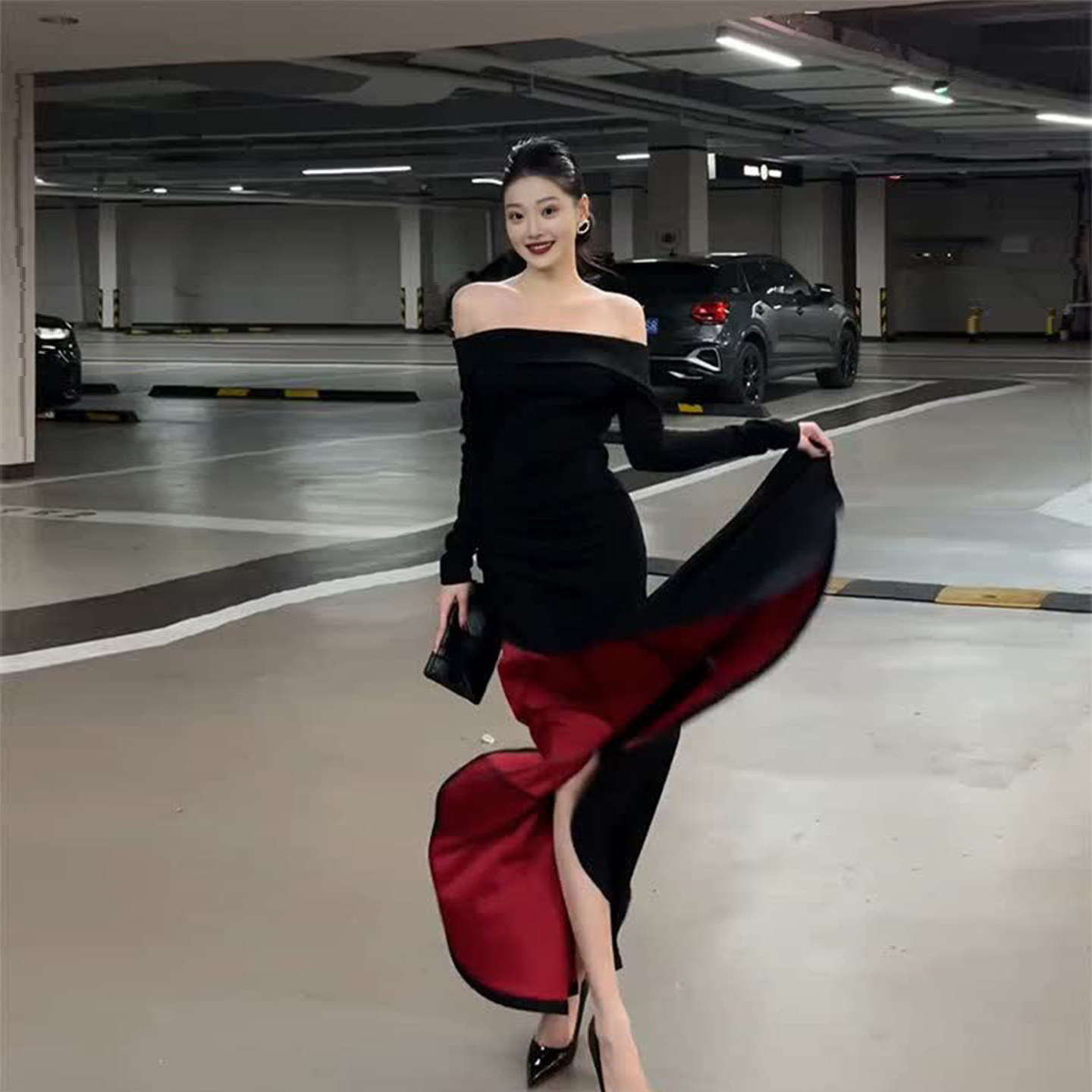 赫本风黑色年会晚礼服高端轻奢小众又a又飒御姐鱼尾一字肩连衣裙