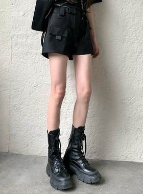 松本丧丧 机能工装短裤女2023春秋新款高腰宽松显瘦原宿风阔腿裤