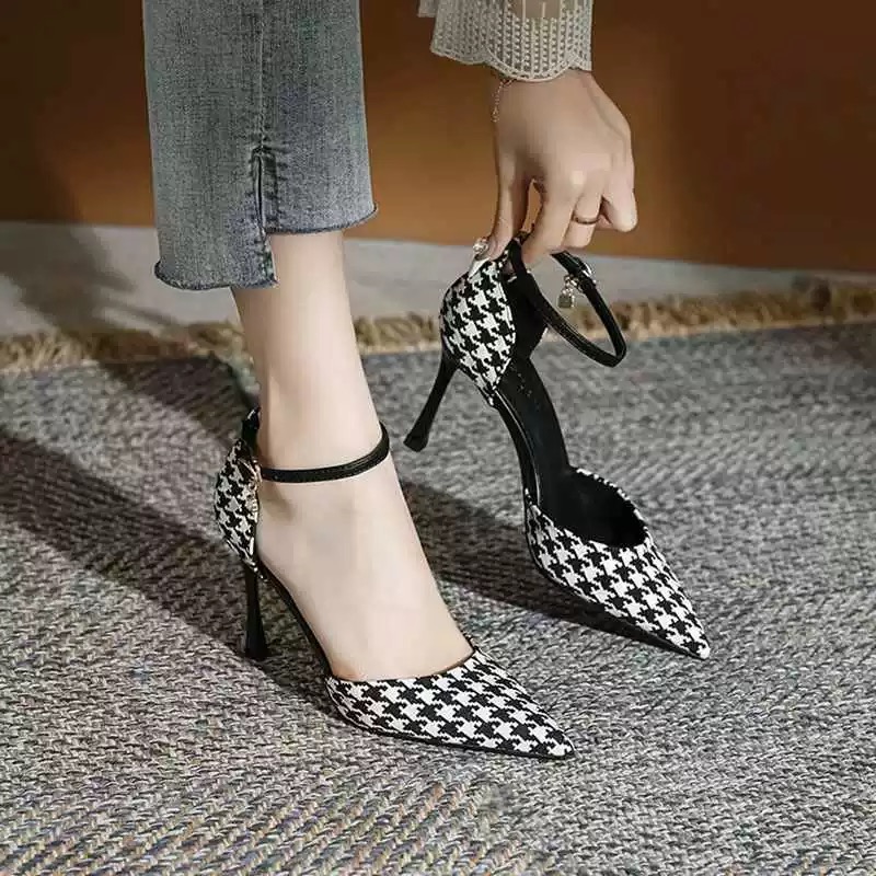 千鸟格高跟鞋女2025新款细跟单鞋
