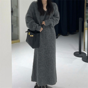 韩版 宽松慵懒风配大衣打底毛衣长裙 简约百搭针织连衣裙女秋冬新款