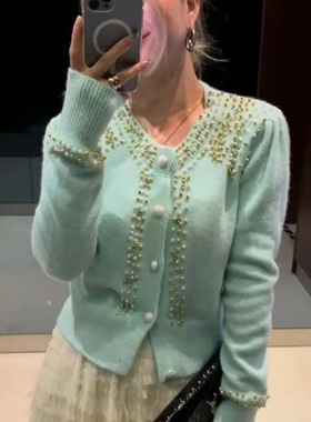 钉珠镶钻圆领单排扣短款毛衣开衫设计感气质百搭上衣黄色白色黑色