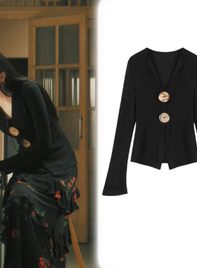 枭起青壤迪丽热巴聂九罗同款衣服黑色V领上衣针织衫显瘦气质长袖