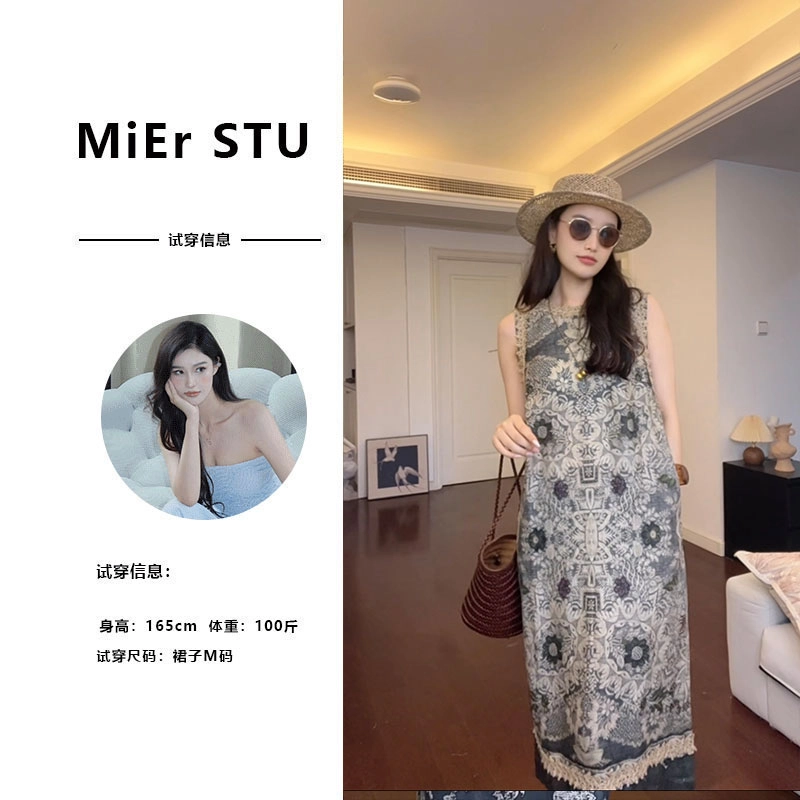 MER高定款复古印花背心连衣裙女无袖圆领气质显瘦百搭裙子2602