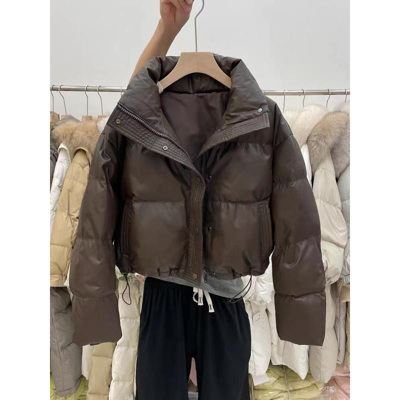 TT免洗PU皮女短款2023新款冬季加厚立领面包服小个子肯豆外套