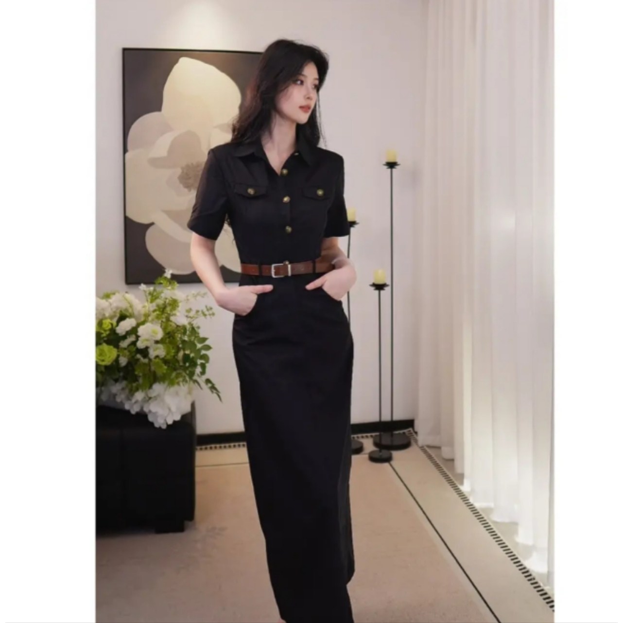 MT高级感气质Polo领法式工装收腰显瘦连衣裙