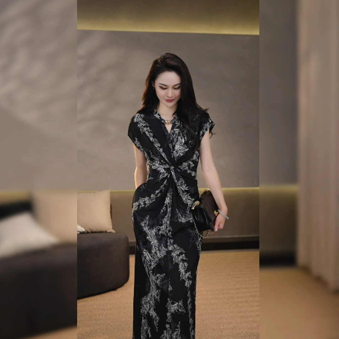 ML-法式印花短袖扭结气质显瘦女装连衣裙-T0038