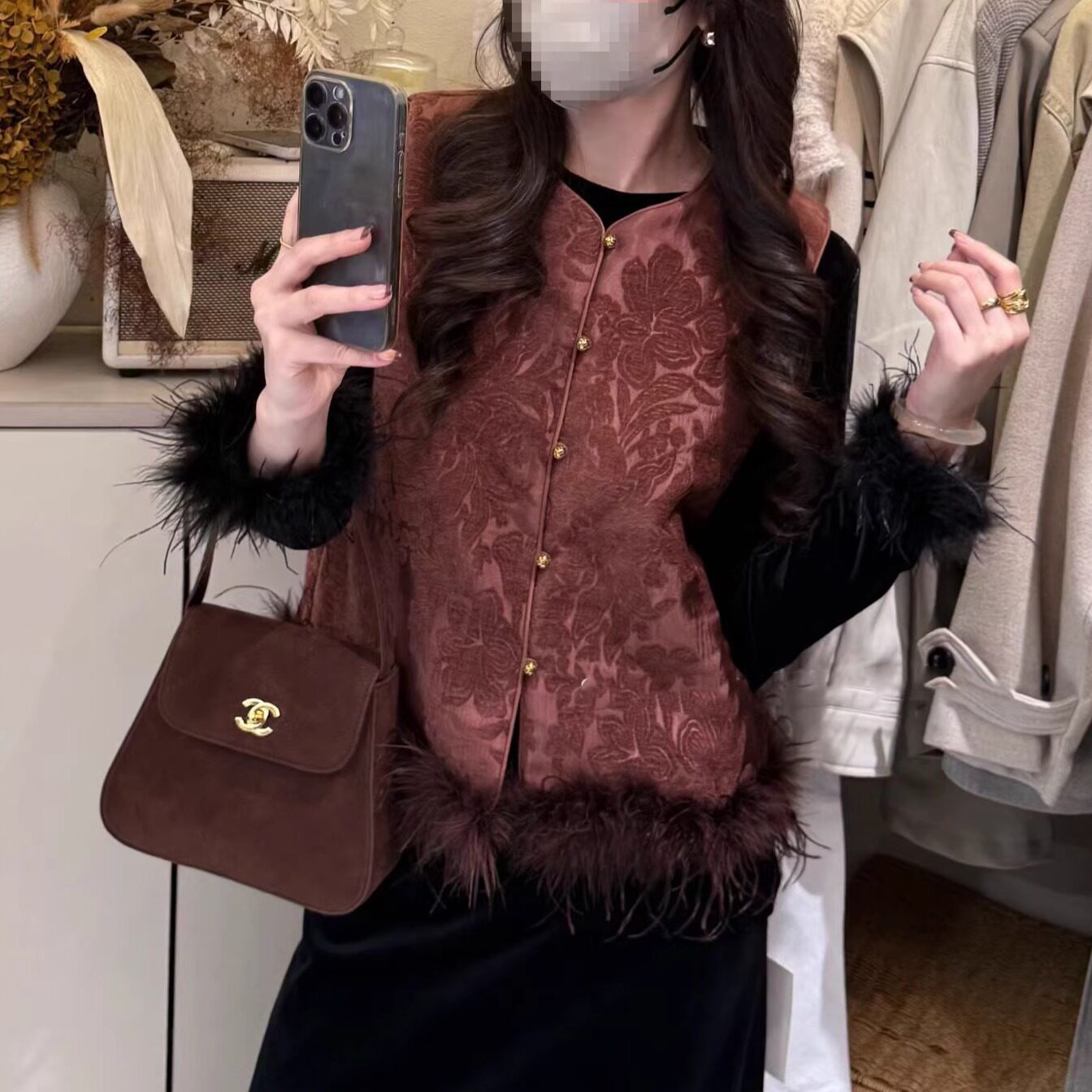 新中式国风提花百搭马甲秋冬新款复古盘扣无袖鸵鸟毛叠穿坎肩上衣