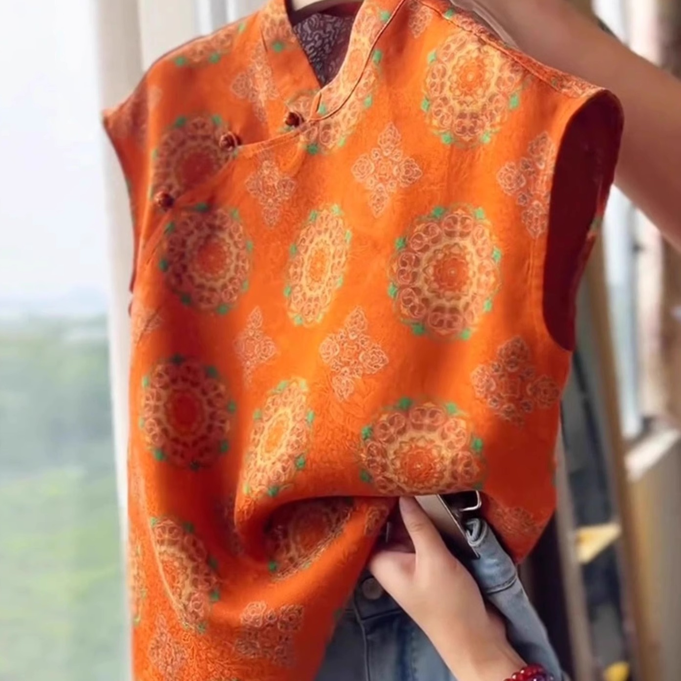 2025新款复古风小衫高级T恤上衣新中式橘色提花盘扣衬衫国风女装