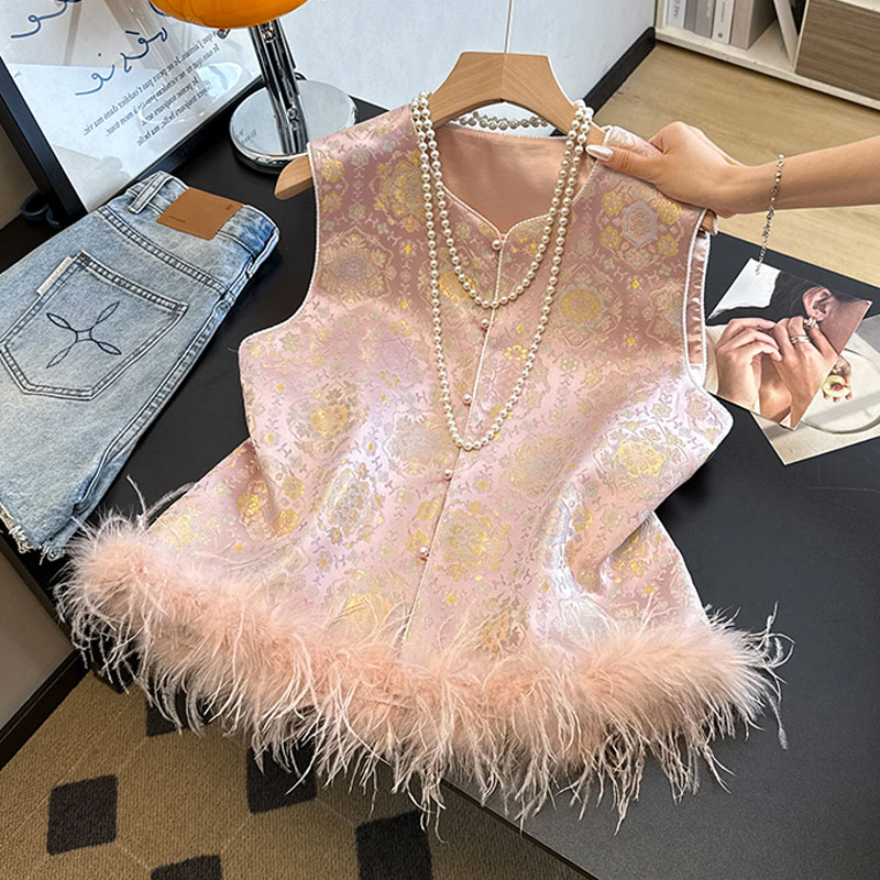 秋冬季新款高级感气质提花无袖百搭马夹鸵鸟毛新中式国风马甲女