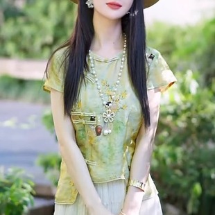 新中式 衬衫 改良唐装 不规则下摆复古风上衣 国风绿色印花盘扣短袖