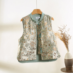 新中式国风马甲女式2026新款早春盘扣提花织锦缎上衣外套宽松显瘦