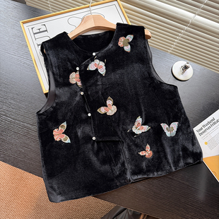 重工刺绣蝴蝶国风百搭丝绒新中式 2026马甲背心复古盘扣坎肩马夹
