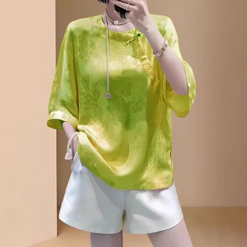 紫色新中式国风醋酸提花五分袖衬衫夏款洋气百搭女性时尚上衣外穿