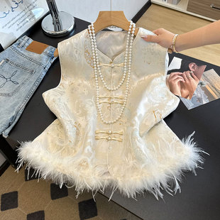 鸵鸟毛外套重工提花盘扣马夹 国风夹棉坎肩背心女款 新中式 马甲冬季