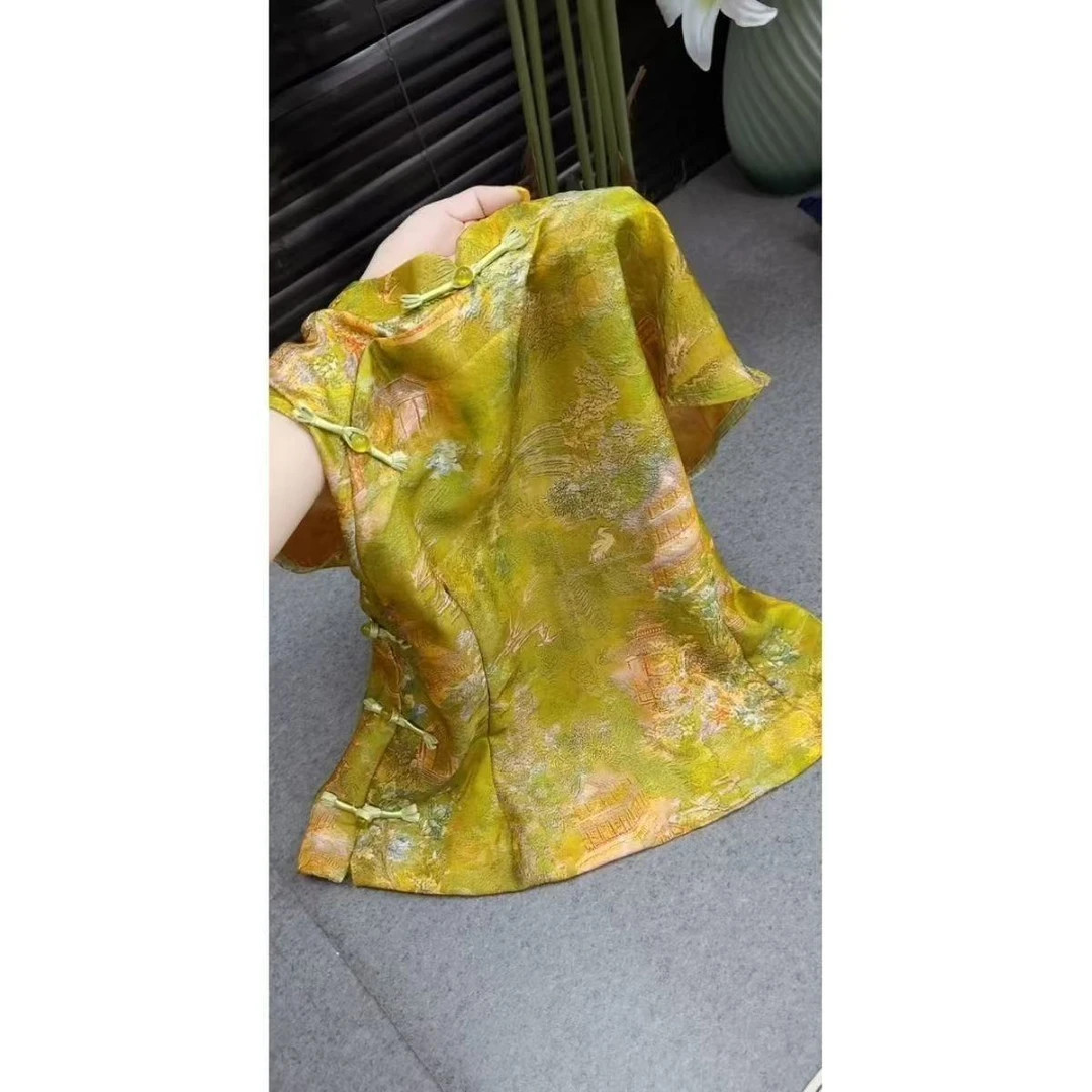 新中式斜襟印花短袖旗袍衬衫女图片