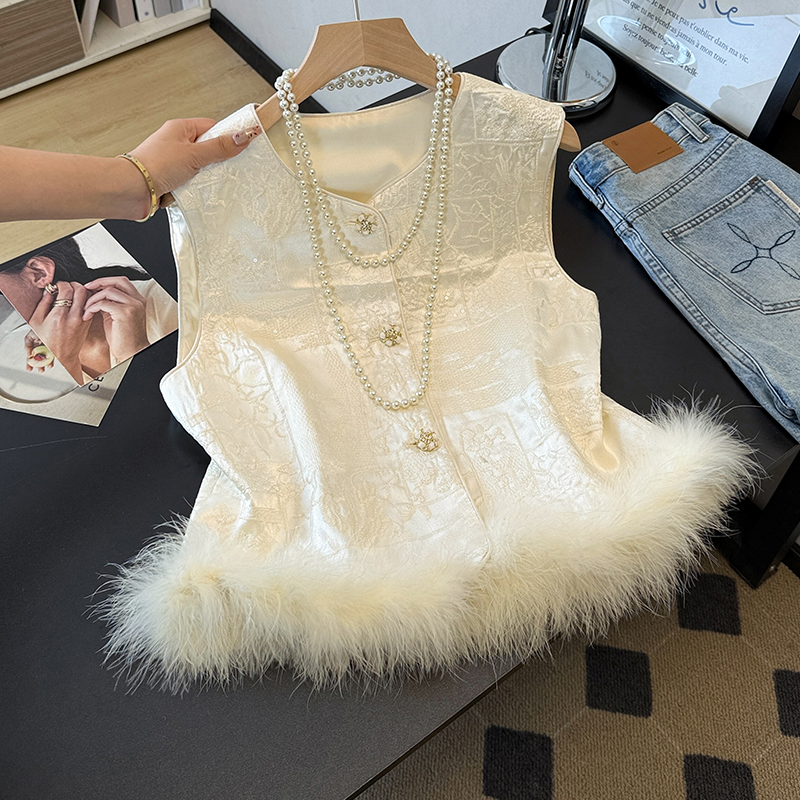 国风马甲重工提花坎肩背心秋冬新中式鸵鸟毛马夹外穿精致无袖外搭