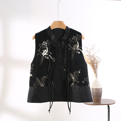 秋季新款新中式中国风重工刺绣黑色马甲背心洋气女高级感轻奢上衣