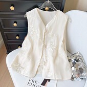 小衫 高级微透网纱无袖 上衣 国风盘扣刺绣蕾丝马甲背心女夏季 新中式