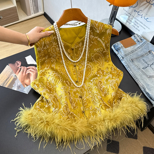 新中式国风高端马甲夹棉加厚提花坎肩秋冬拼接毛毛马夹背心女外搭