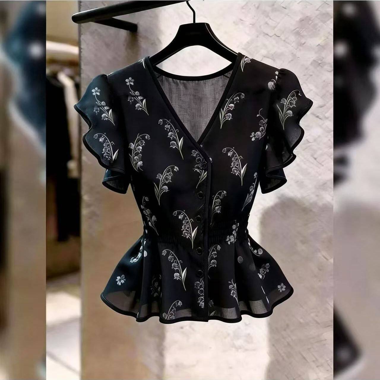 黑色铃兰花V领碎花收腰衬衫女图片