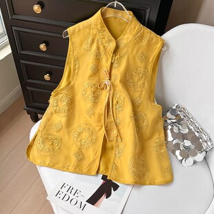 2025春国风高级感薄款老钱风黄色欧根纱上衣新中式刺绣马甲背心女