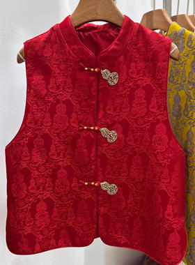 2026春季新款时尚立领百搭无袖背心潮新年红色葫芦印花钉珠马甲女