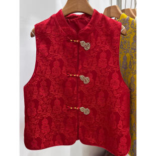立领百搭无袖 时尚 背心潮新年红色葫芦印花钉珠马甲女 新款 2026春季