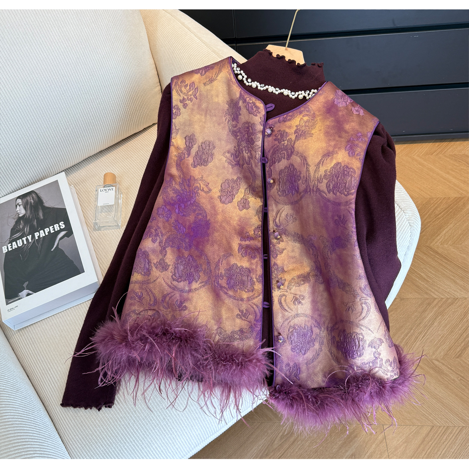 超好看新中式国风秋冬季新款女装2025款提花气质拼接鸵鸟毛马甲