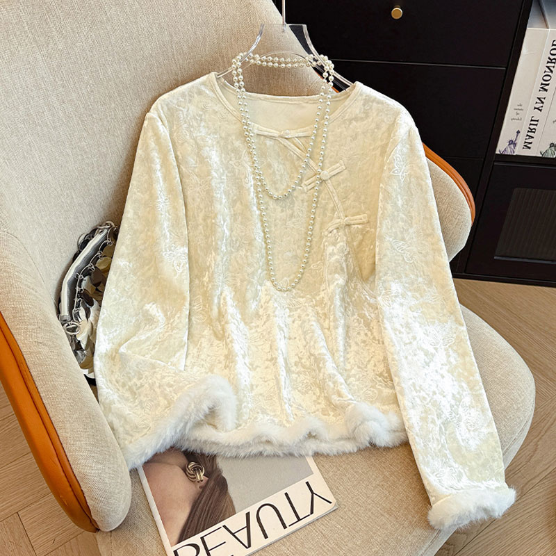 新中式国风打底衫女士斜襟盘扣内搭长袖衬衣加绒加厚改良气质上衣