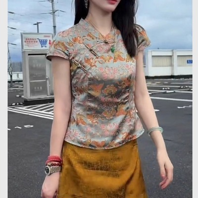 银色蝶恋花短袖衬衫夏季新中式国风女装2025新款改良唐装掐腰小衫