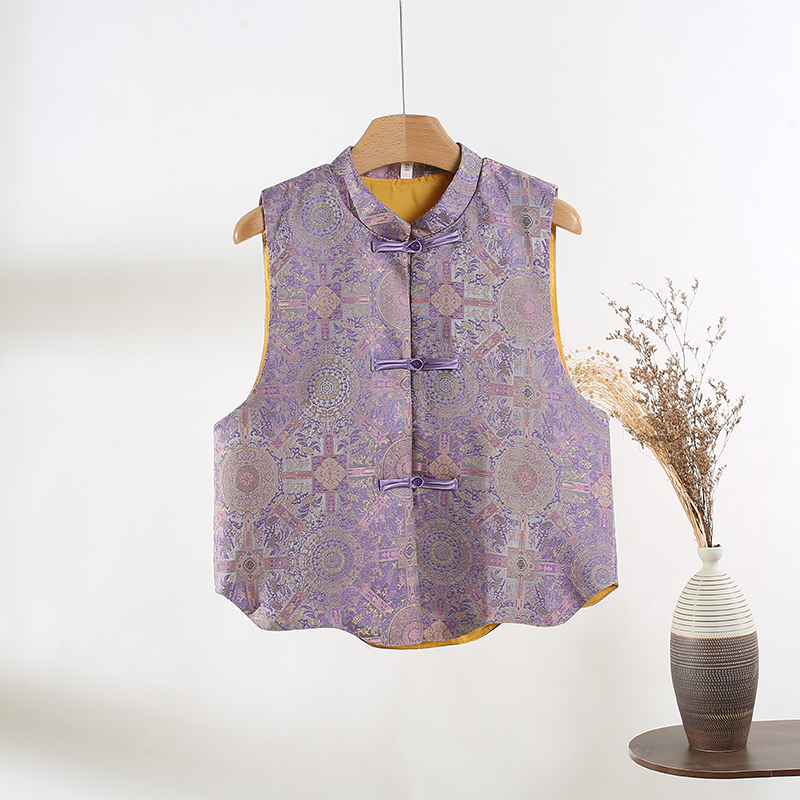 2025新中式国风女装马甲背心盘扣上衣紫色秋织锦马夹年轻复古马甲