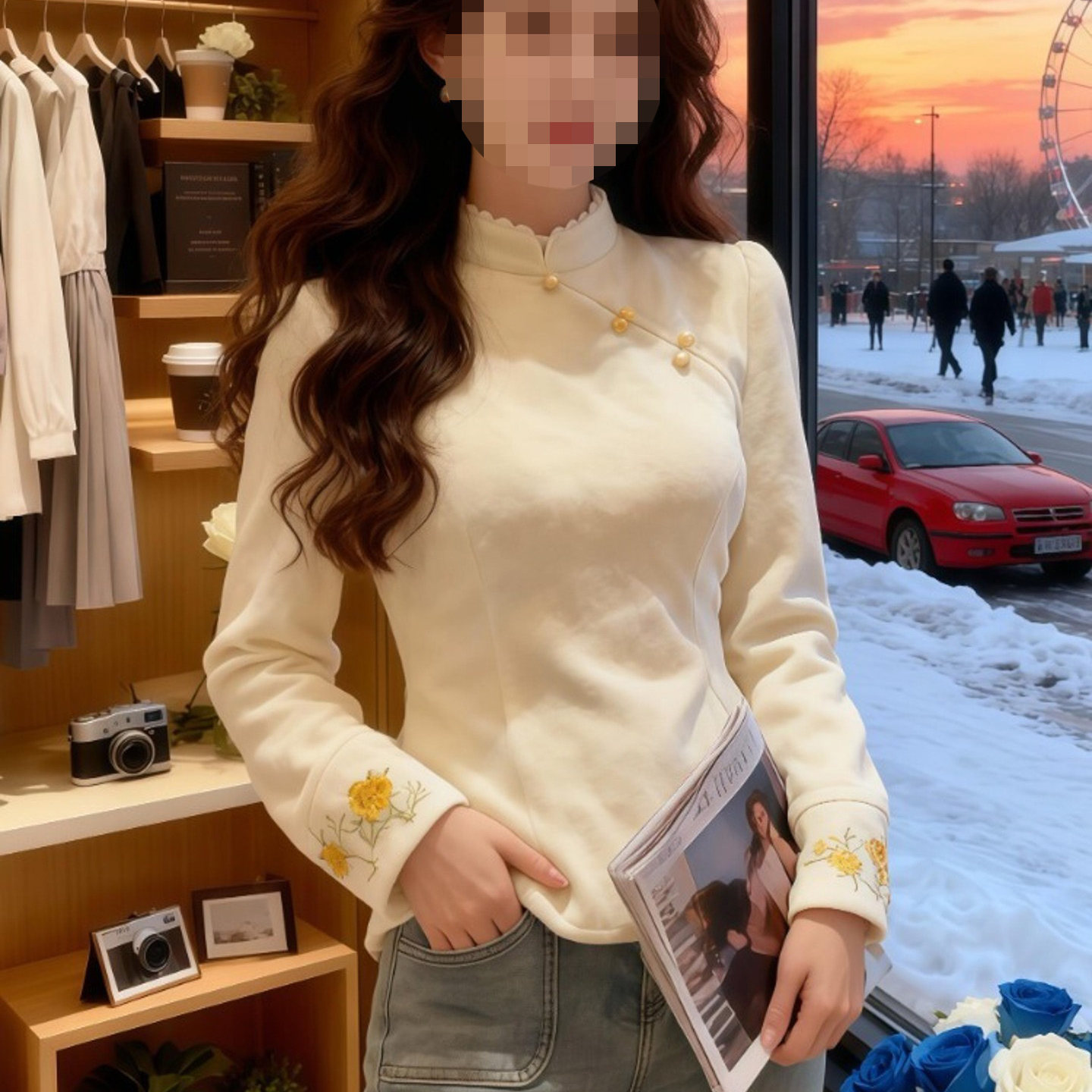 新中式国风衬衣2025秋冬新款立领显瘦长袖女衬衫百搭提花加绒上衣