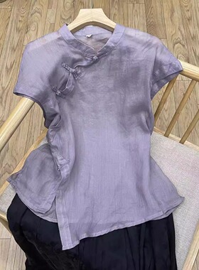 复古紫色斜襟盘扣新中式短袖衬衫女夏国风设计不规则禅意茶服上衣