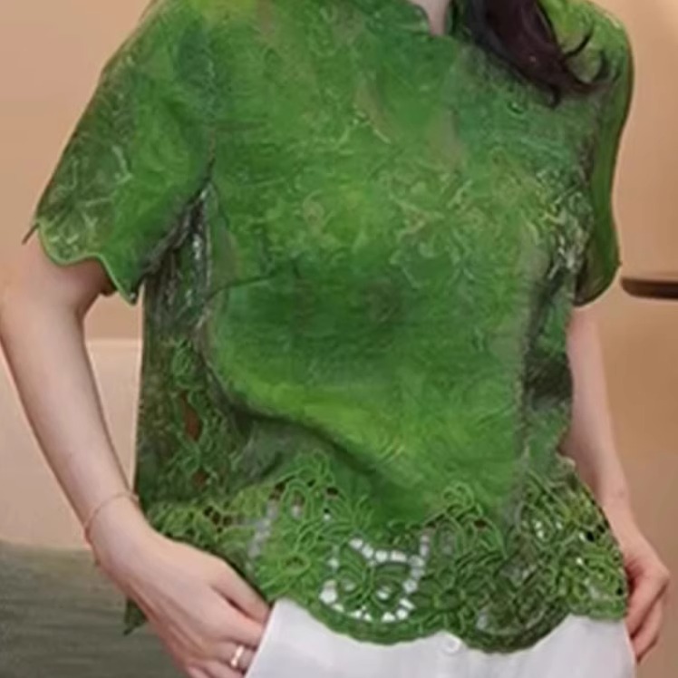 爆款女生时尚百搭上衣2025年夏季新款新中式立领盘扣镂空短袖衬衫