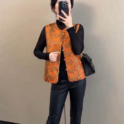 新中式国风薄款背心马甲女款2025新款秋季唐装小个子提花马夹上衣
