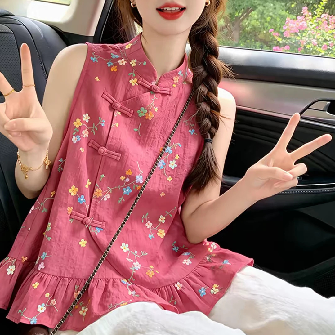 新中式复古立领斜襟盘扣碎花马甲女国风减龄无袖背心荷叶边上衣夏