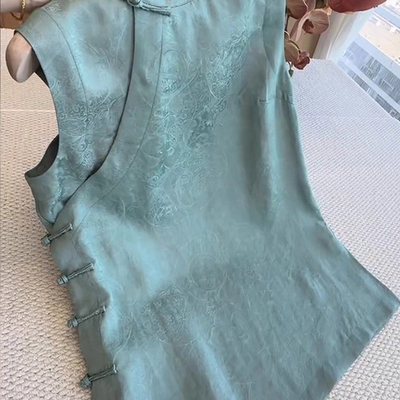 独特高级感轻国风上衣复古暗纹提花改良旗袍盘扣新中式马甲背心女