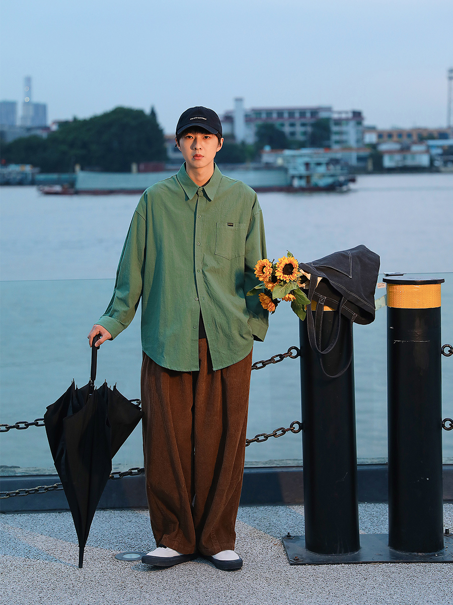 KOUEMGI empty flavor Japanese retro solid color tooling shirt jacket men's loose bf couple casual all-match tops