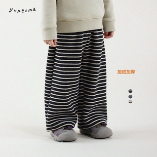 宝宝冬季百搭加绒条纹休闲裤允儿妈男童加厚直筒裤儿童保暖运动裤