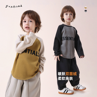 允儿妈男童冬季日系双面绒字母印花T恤男孩保暖上衣儿童套头衫潮