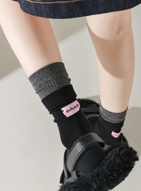 灰色中筒袜子搭配鲨鱼裤女春秋拼色螺口外穿纯棉堆堆运动潮网红款