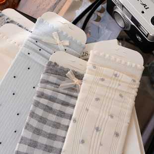 灰色袜子芭蕾风中筒夏天女薄款 花边木耳miu系蝴蝶结无骨堆堆蓝色